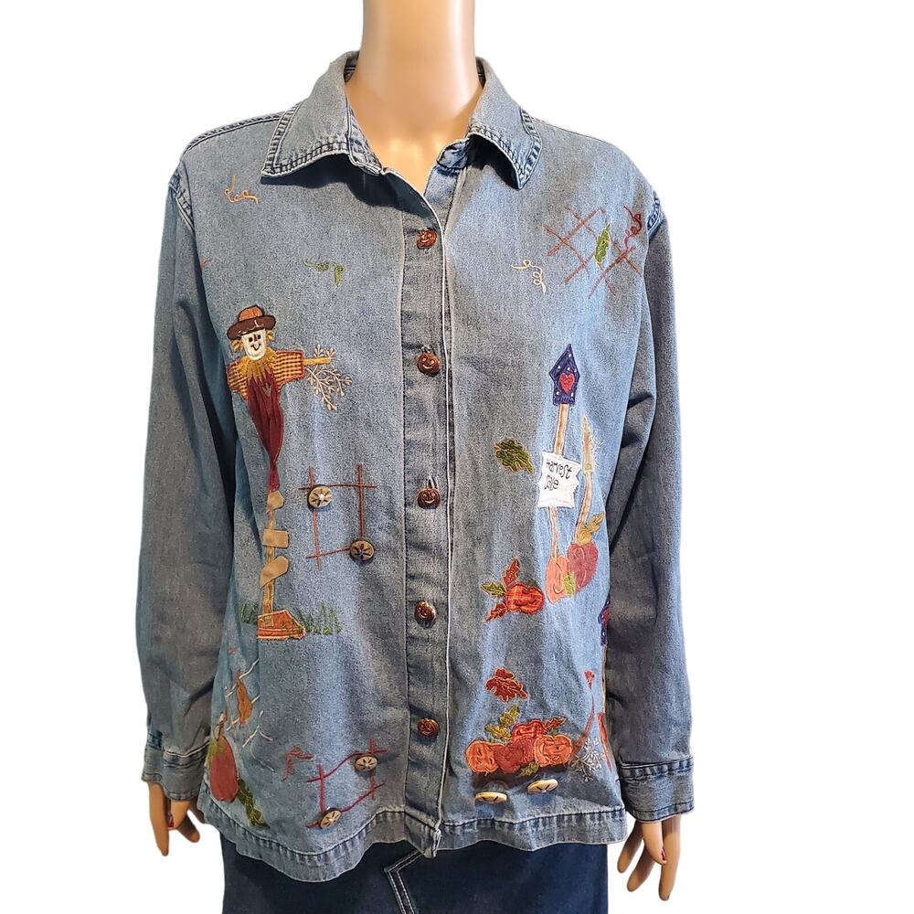Vintage DressBarn Size 1X (L) denim pumpkin scarecrow embroidered button shirt